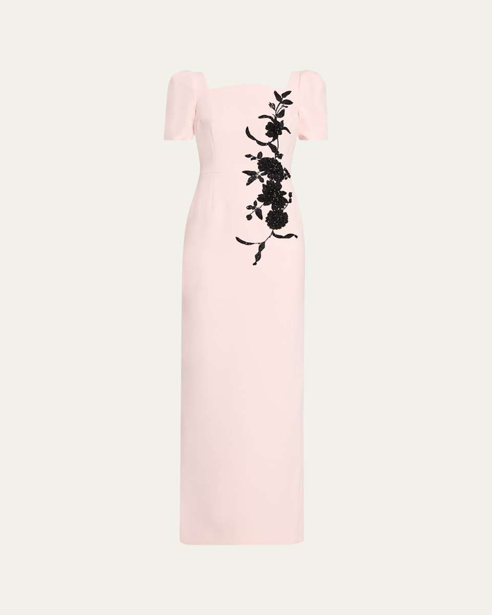 Floral Applique Crepe Column Gown